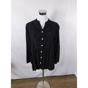 Shirt Womens XL Black Lace Crochet Button Front Long Sleeve Mandarin Collar